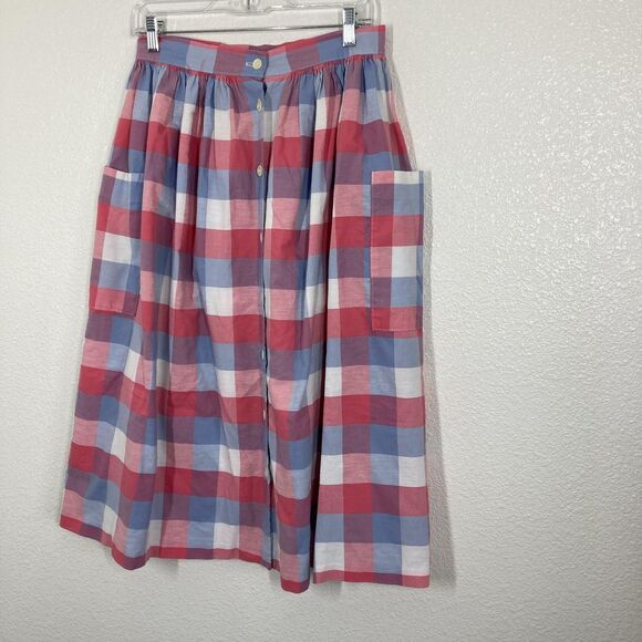 Vintage Russ Skirt Womens Medium Red Blue Plaid Cotton Button Front Pockets 80s - Picture 3 of 14